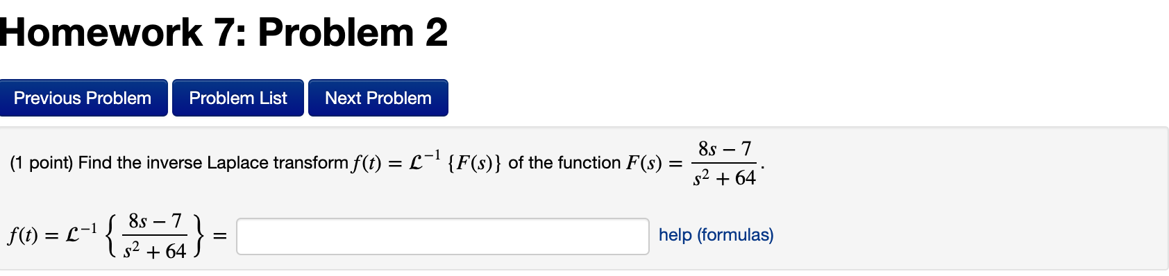 problem 2 hw 7 Homework 7: Problem 2 Previous Problem Problem List