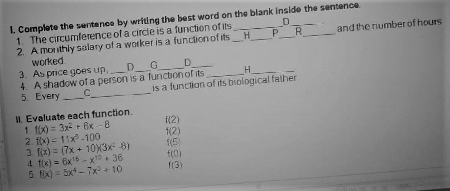Answer the following questions below and show solution. I. Complete the sentence