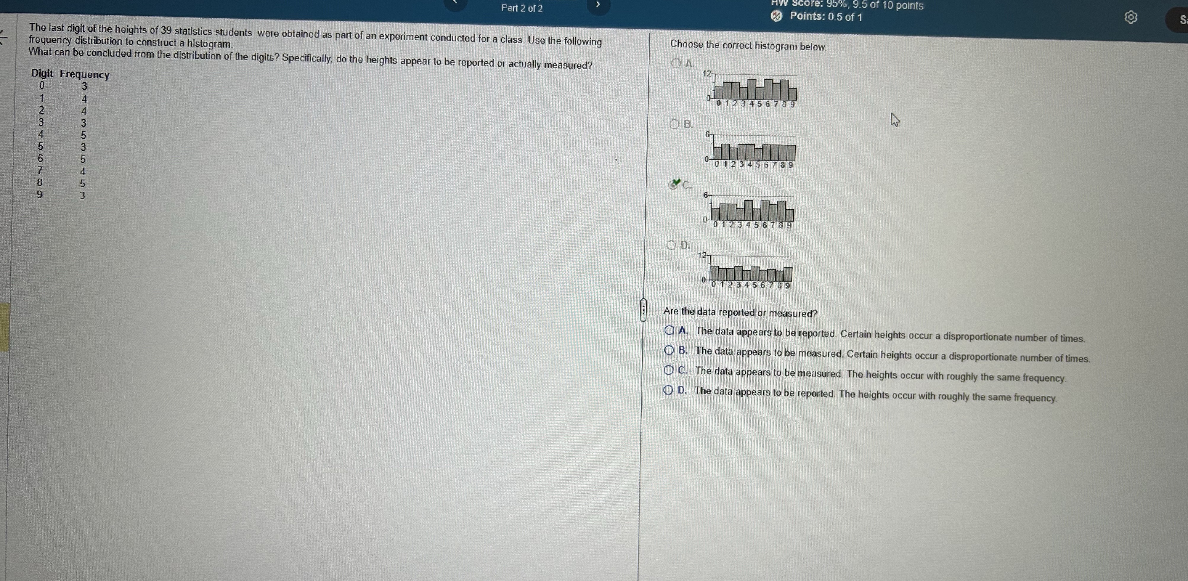 Please help is the data reported or measured? HW Score: 95%, 9.5
