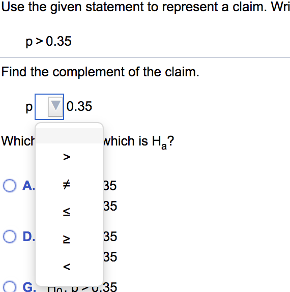 p>638 Ha: p.2638 O D. > l8 0 E. H0: p2638 0
