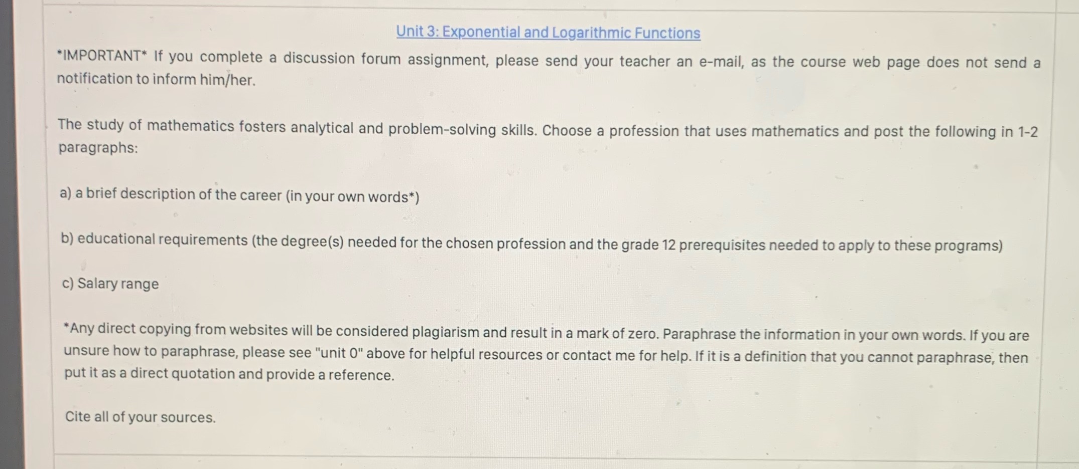  Unit 3: Exponential and Logarithmic Functions *IMPORTANT* If you complete a