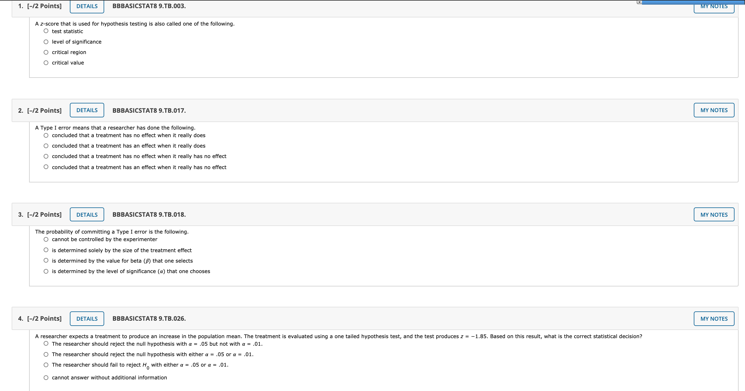 please help with 1-6 1. [-/2 Points] DETAILS BBBASICSTAT8 9.TB.003. MY NOTES