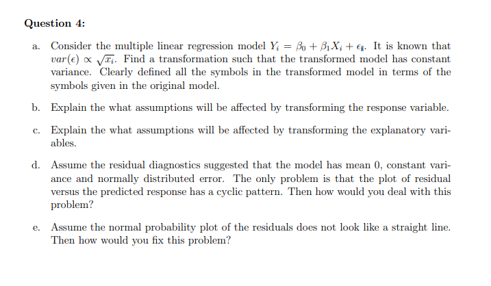  Question 4: a. Consider the multiple linear regression model Yr =
