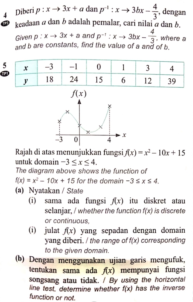 solve the function 4 Diberip : x -> 3x + a dan