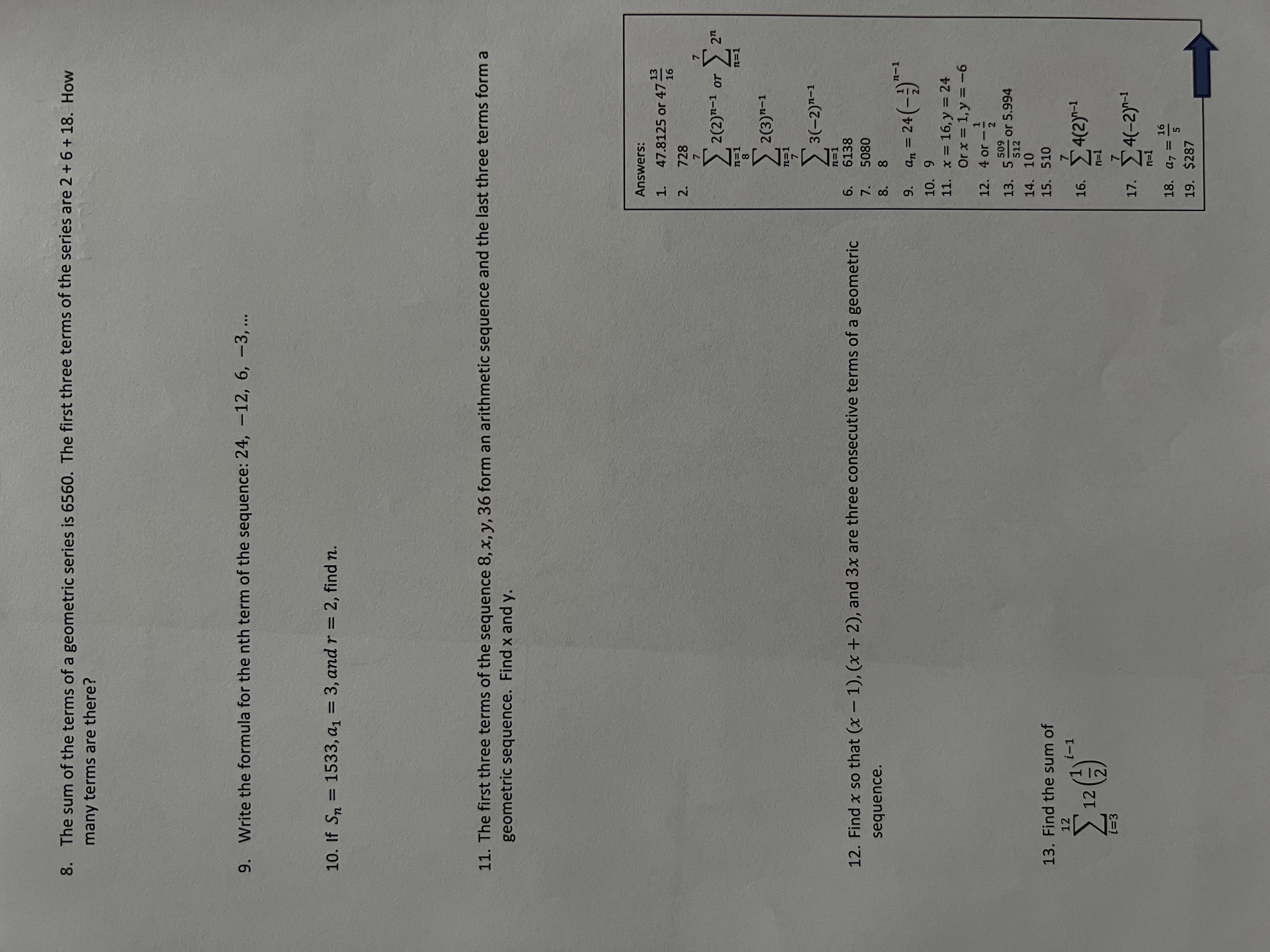 sequence (5 points).Worksheet 8.5 1. Find the sum of the first 8