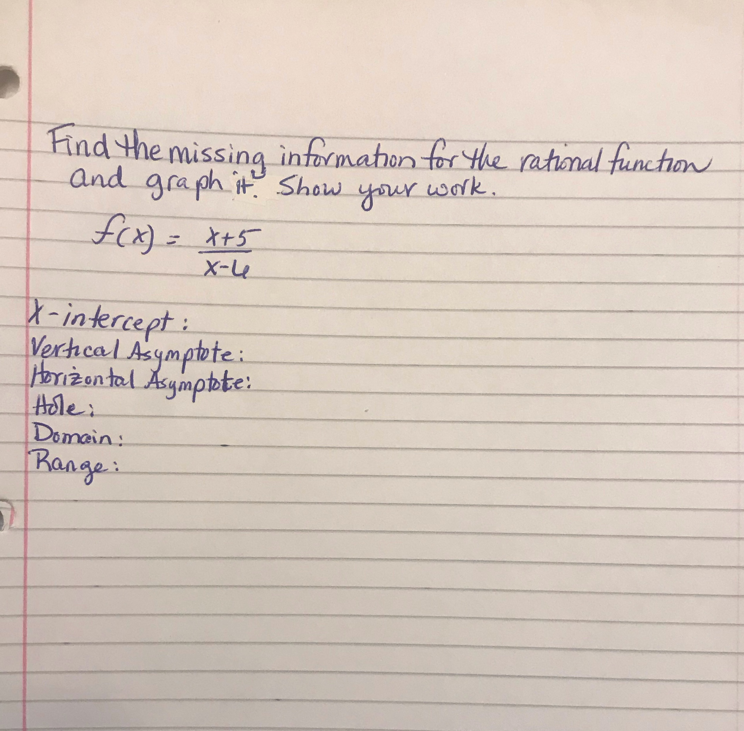  Find the missing information for the rational function and graph it.
