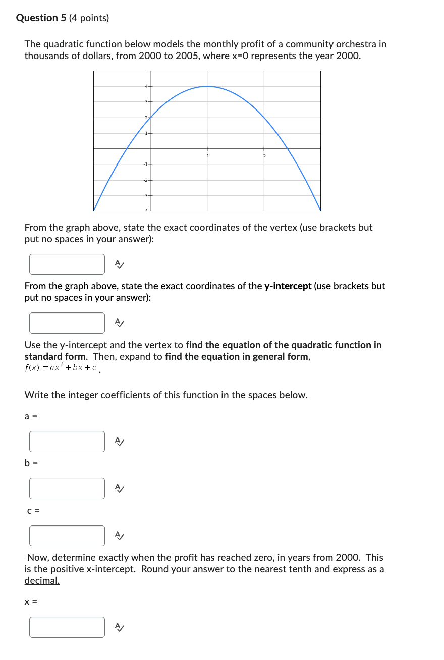  Question 5 (4 points) The gquadratic function below models the monthly