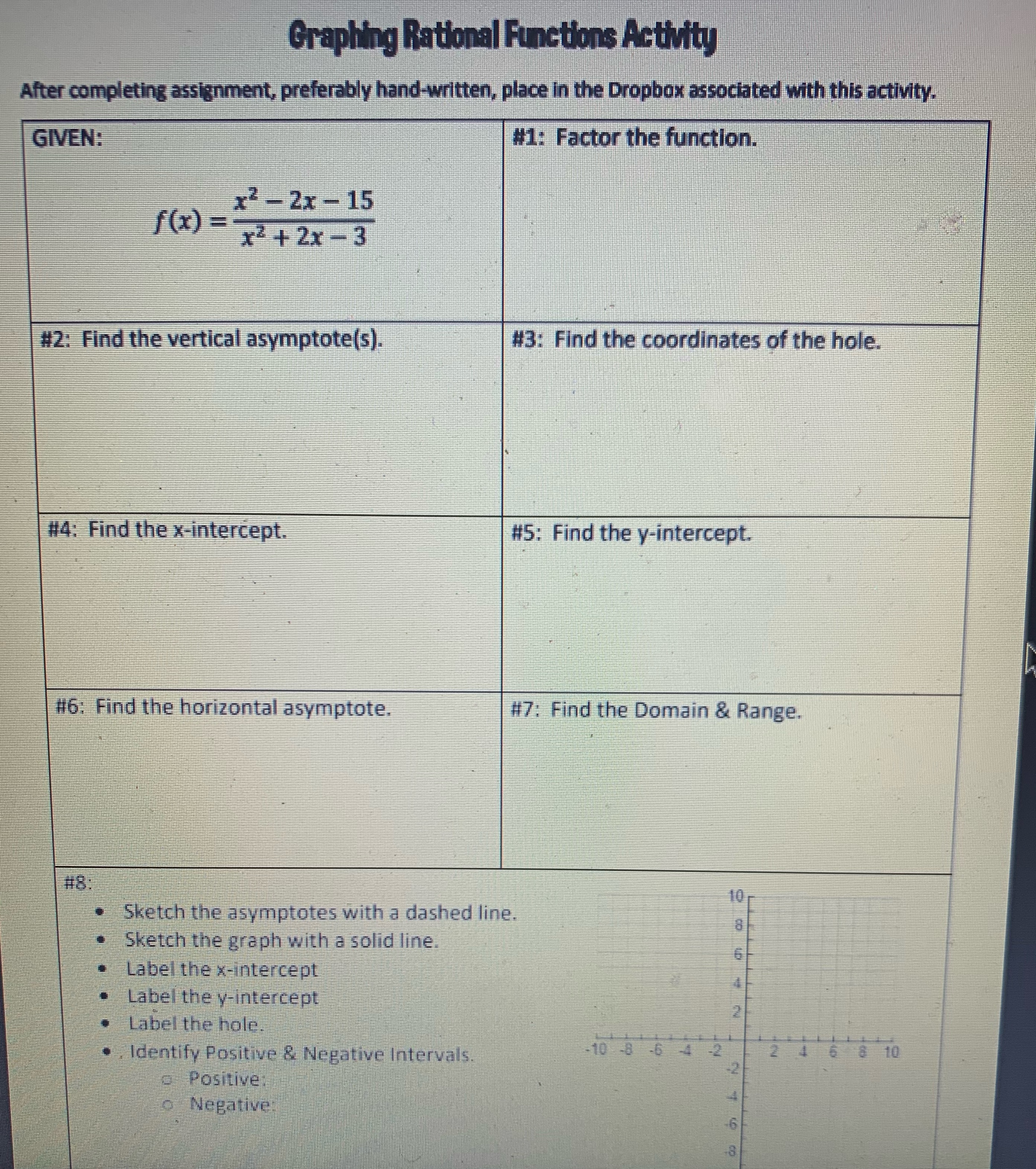 Graphing Rational Functions Activity After completing assignment, preferably hand-written, place in