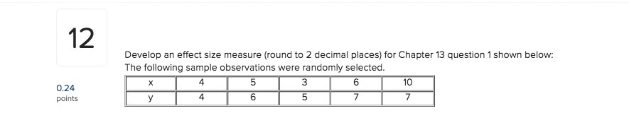 12 Develop an effect size measure (round to 2 decimal places)