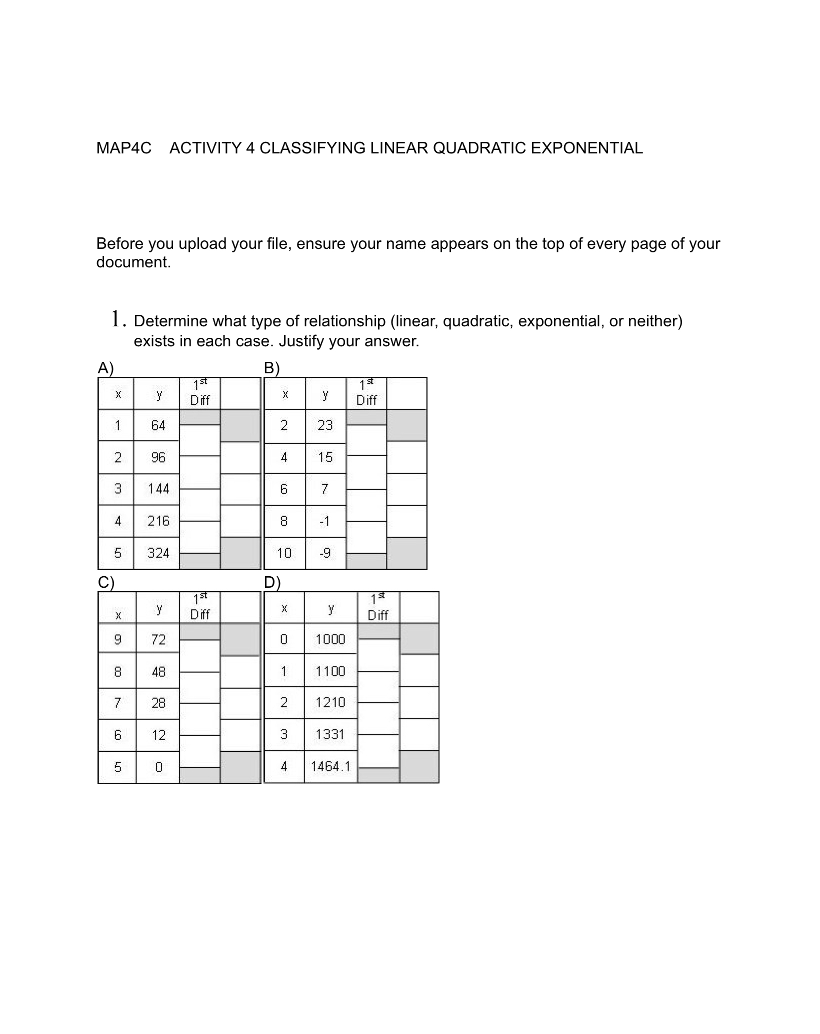 MAP4C ACTIVITY 4 CLASSIFYING LINEAR QUADRATIC EXPONENTIAL Before you upload your