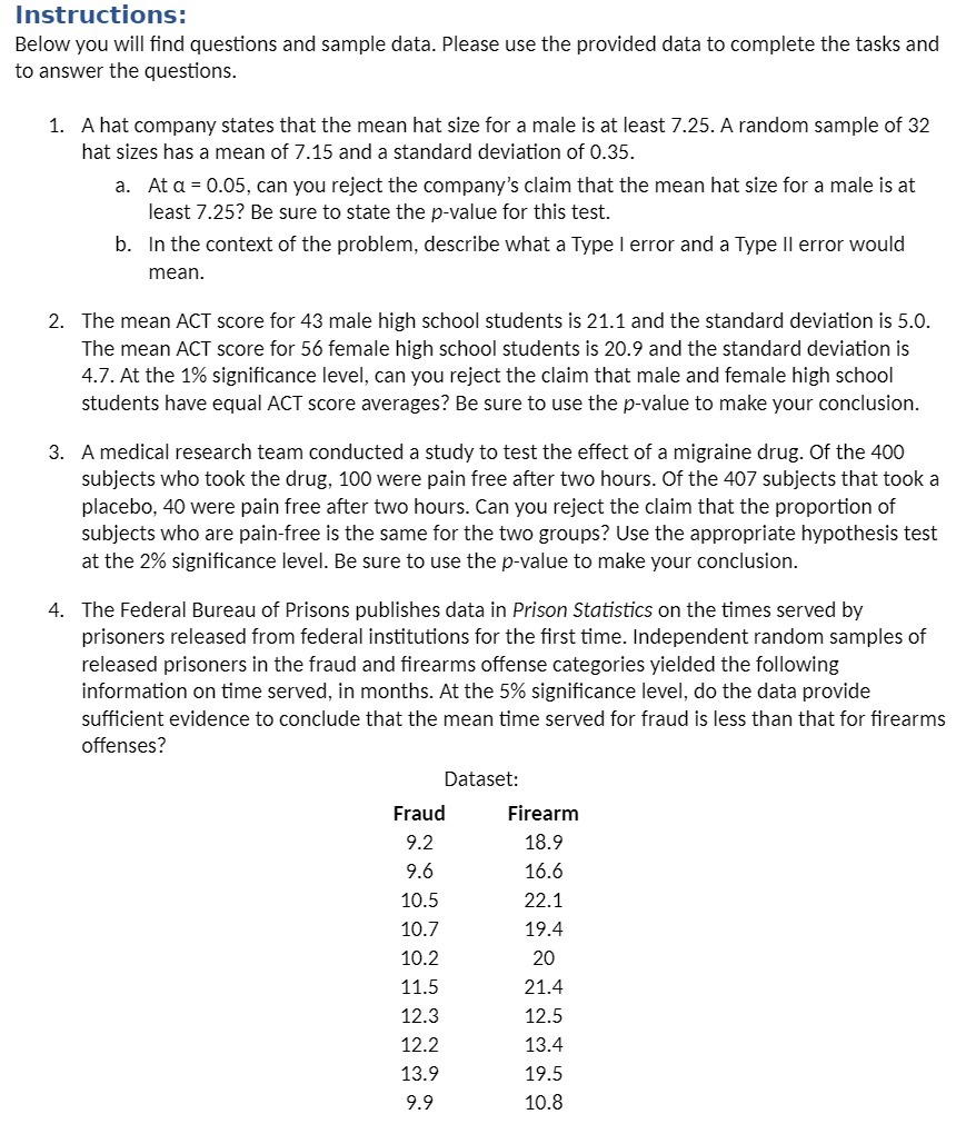  Instructions: Below you will nd questions and sample data. Please use