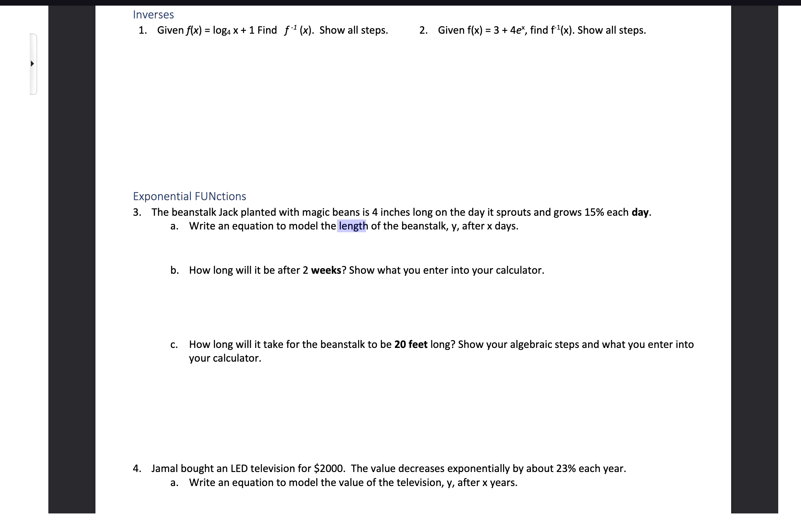 Inverses 1. Given f(x) = log x + 1 Find f'1(x).