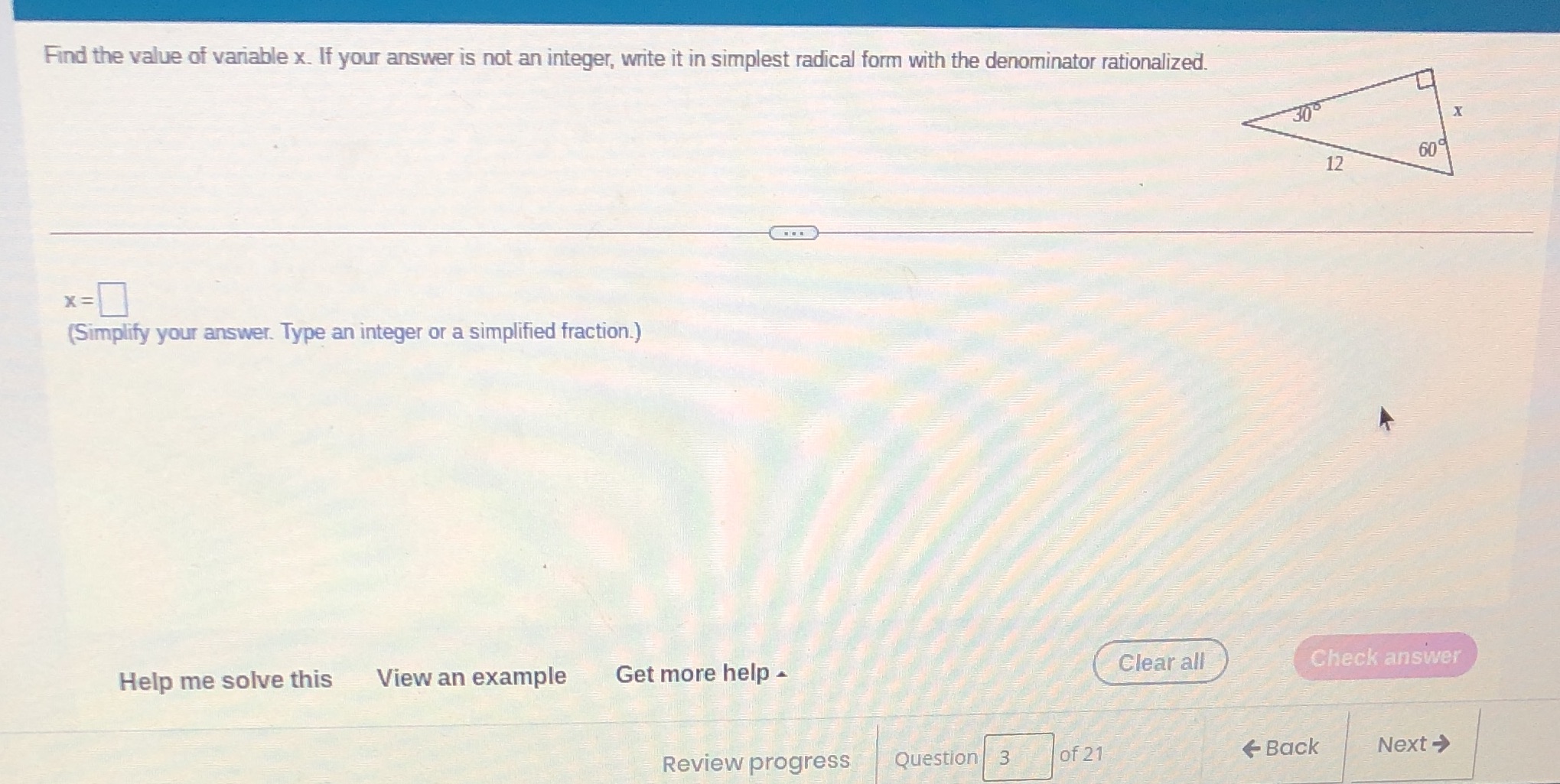 Geometry Find the value of variable x. If your answer is not