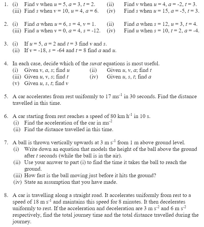 1. (i) Find v when u = 5, a = 3,