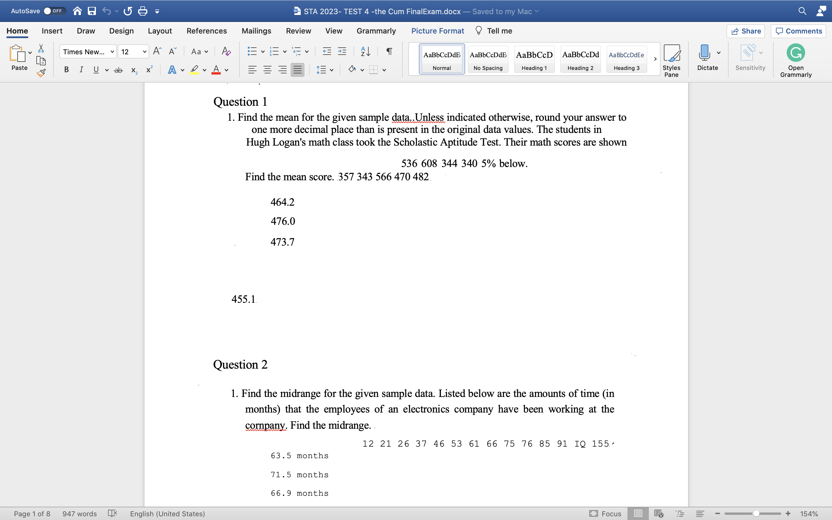  Find the mean for the given sample data..Unless indicated otherwise, round