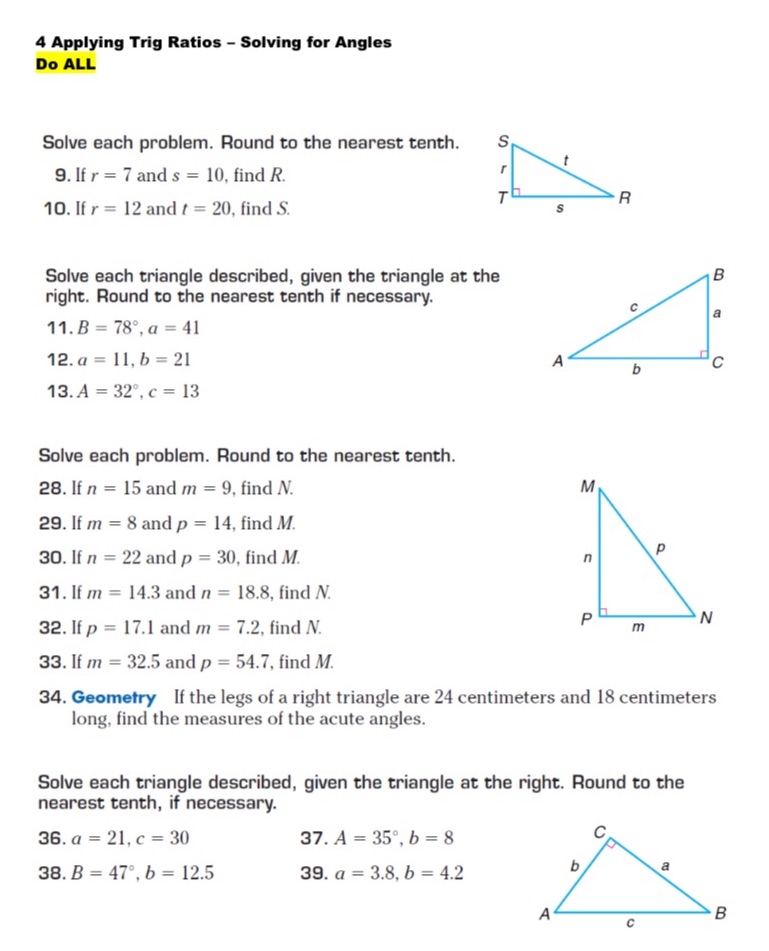 Need help solving for angles 4 Applying Trig Ratios - Solving for
