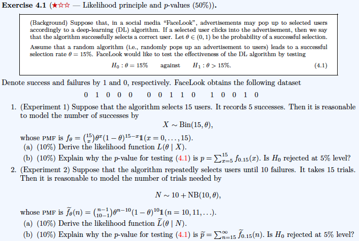***Please only answer Q2a Exercise 4.1 (*ww - Likelihood principle and p-values