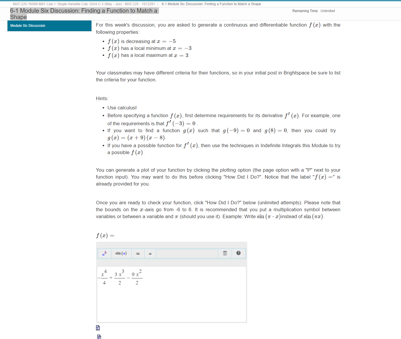 MAT 5 Calc e Calc 2 6-1 Module Six Discussion: Finding