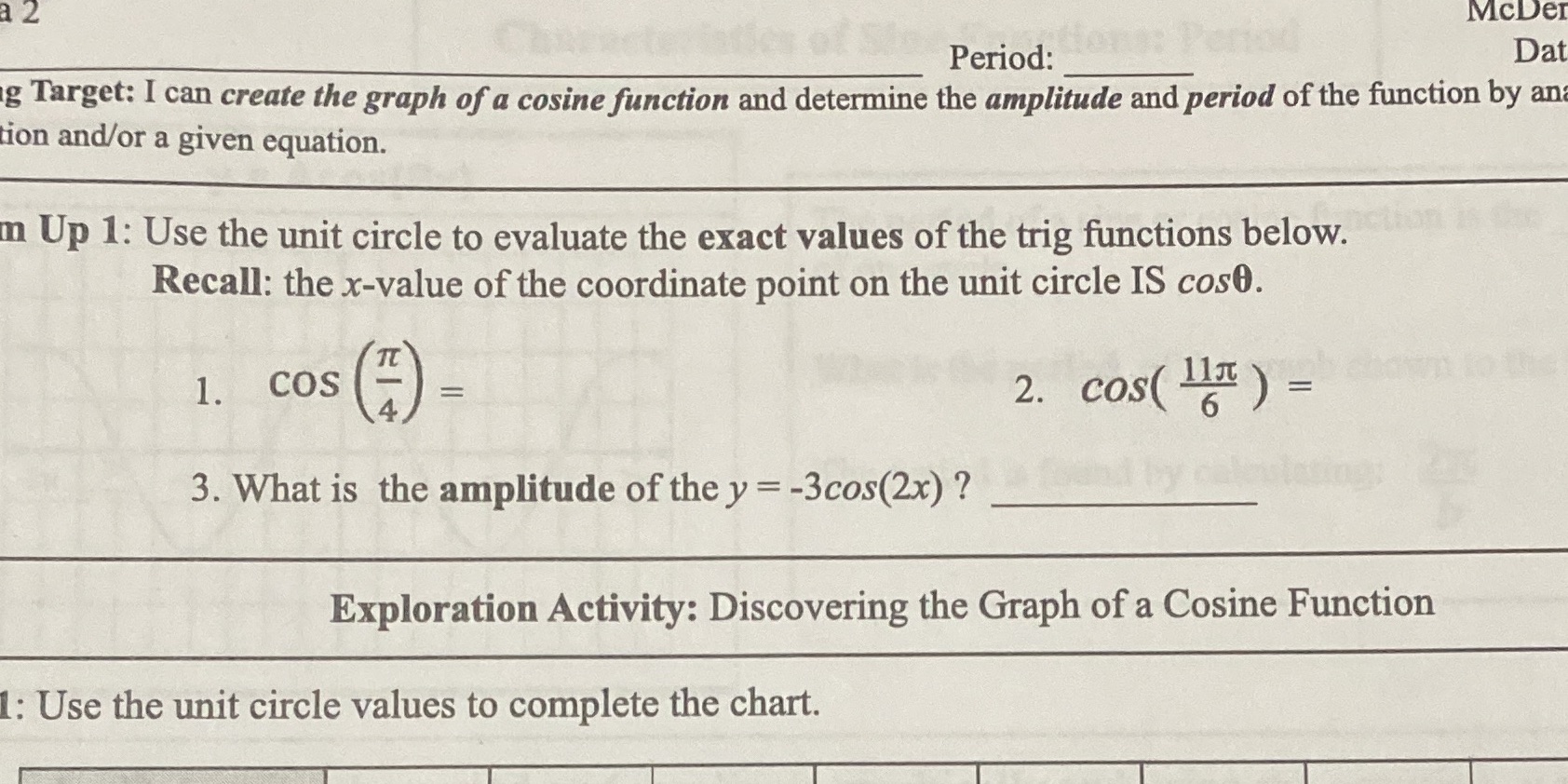 a 2 McDer Period: Dat g Target: I can create the