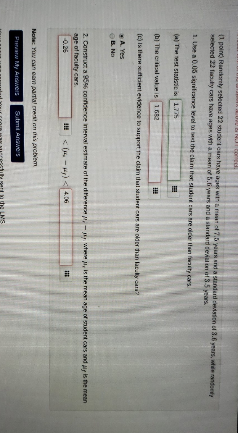 Need help with this question (1 point) Randomly selected 22 student cars