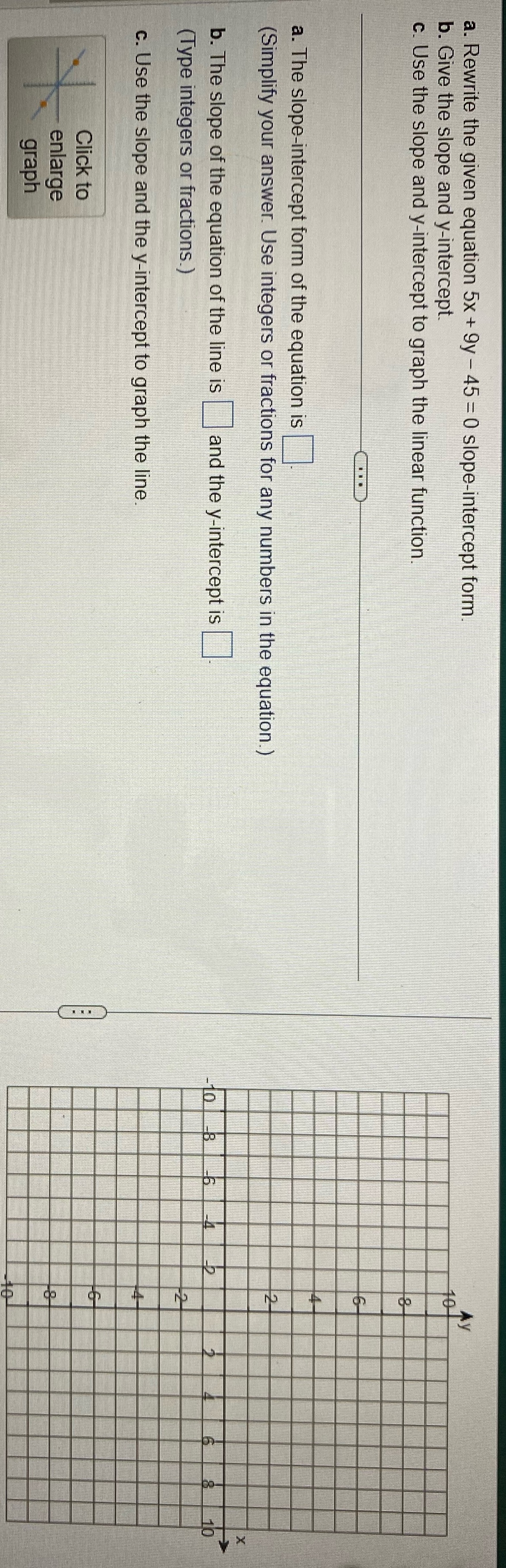 a. Rewrite the given equation 5x + 9y - 45 =