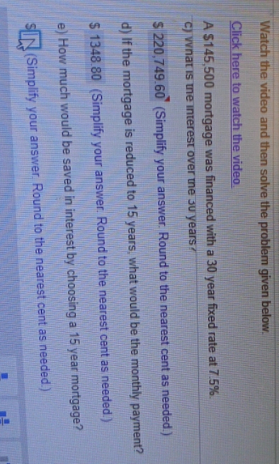 please answer question letter e) Watch the video and then solve the