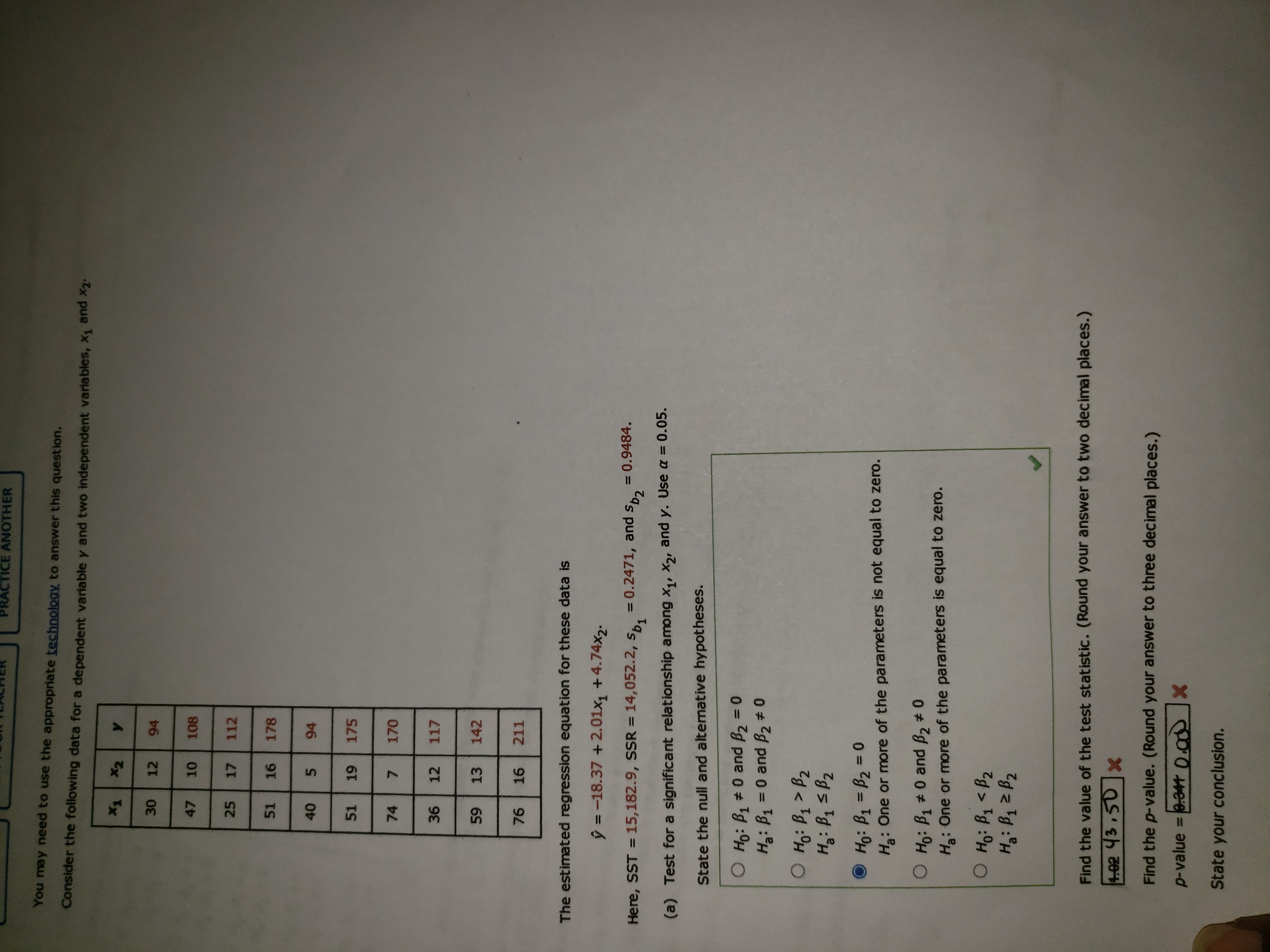 My b and c test statistics are incorrect please help OTHER You