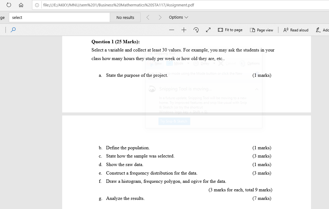 Question 1 (25 Marks): Select a variable and collect at least 30