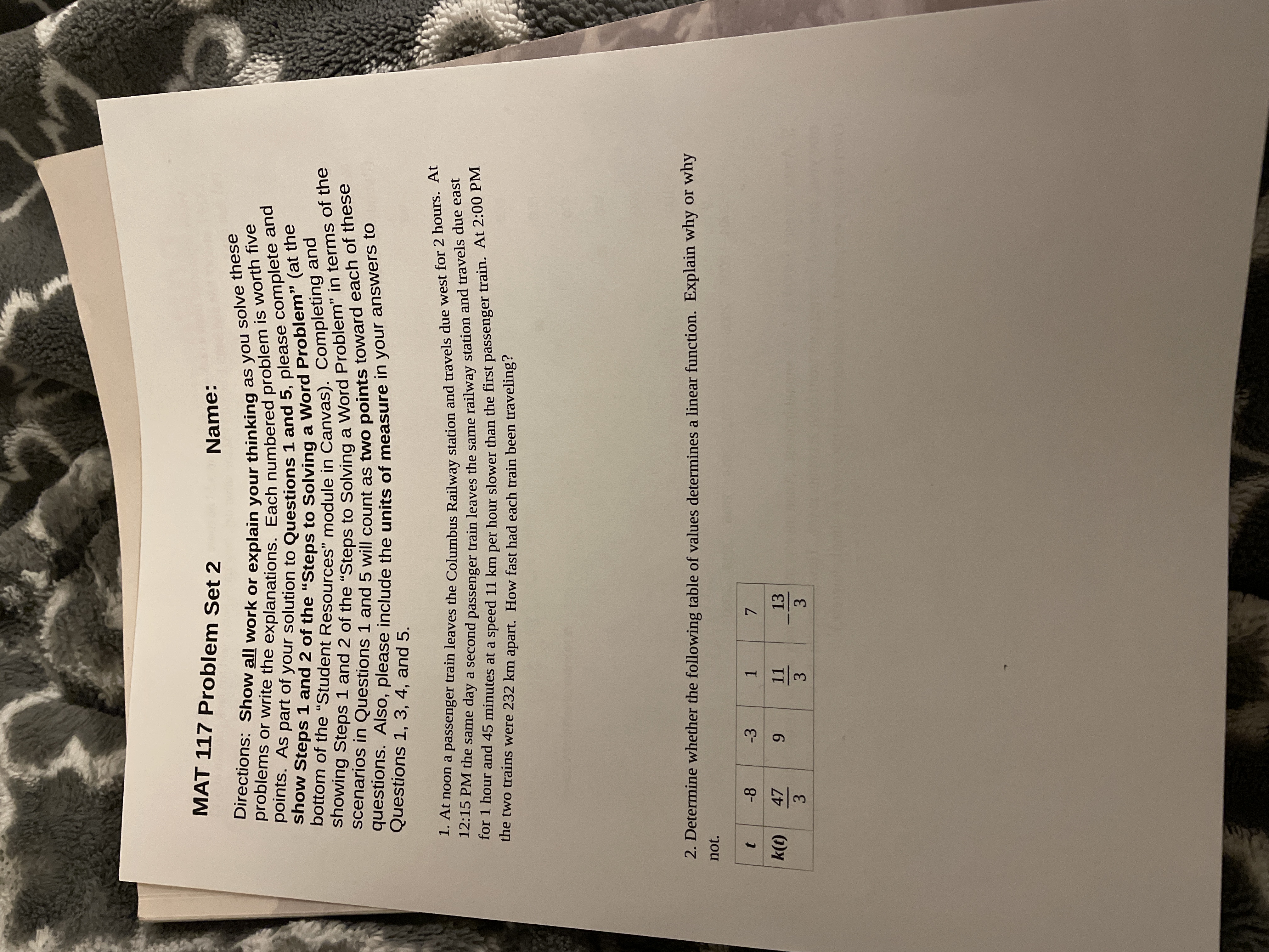  MAT 117 Problem Set 2 Name: Directions: Show all work or