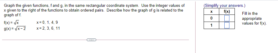  Graph the given functions, fand g, in the same rectangular coordinate