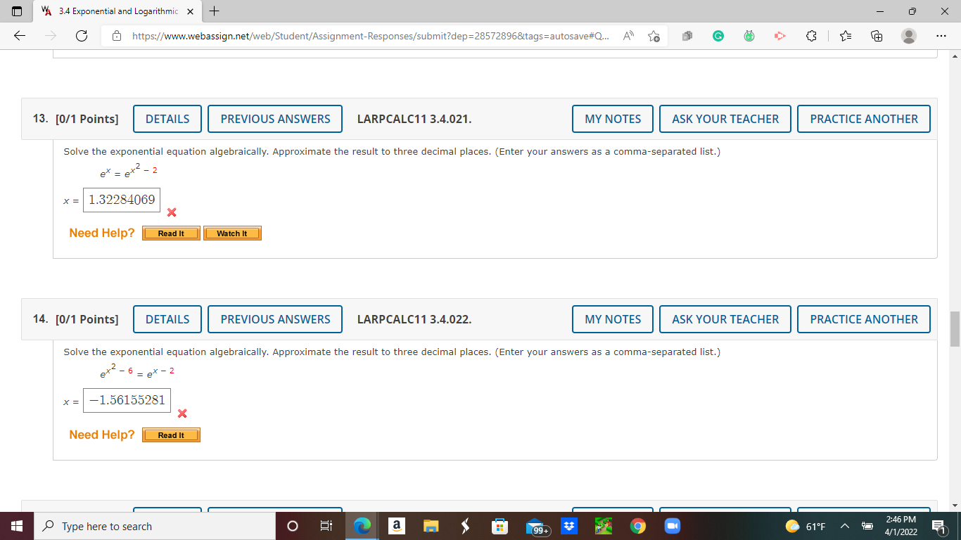  VA 3.4 Exponential and Logarithmic X + X C https://www.webassign.net/web/Student/Assignment-Responses/submit?dep=28572896&tags=autosave#Q... A
