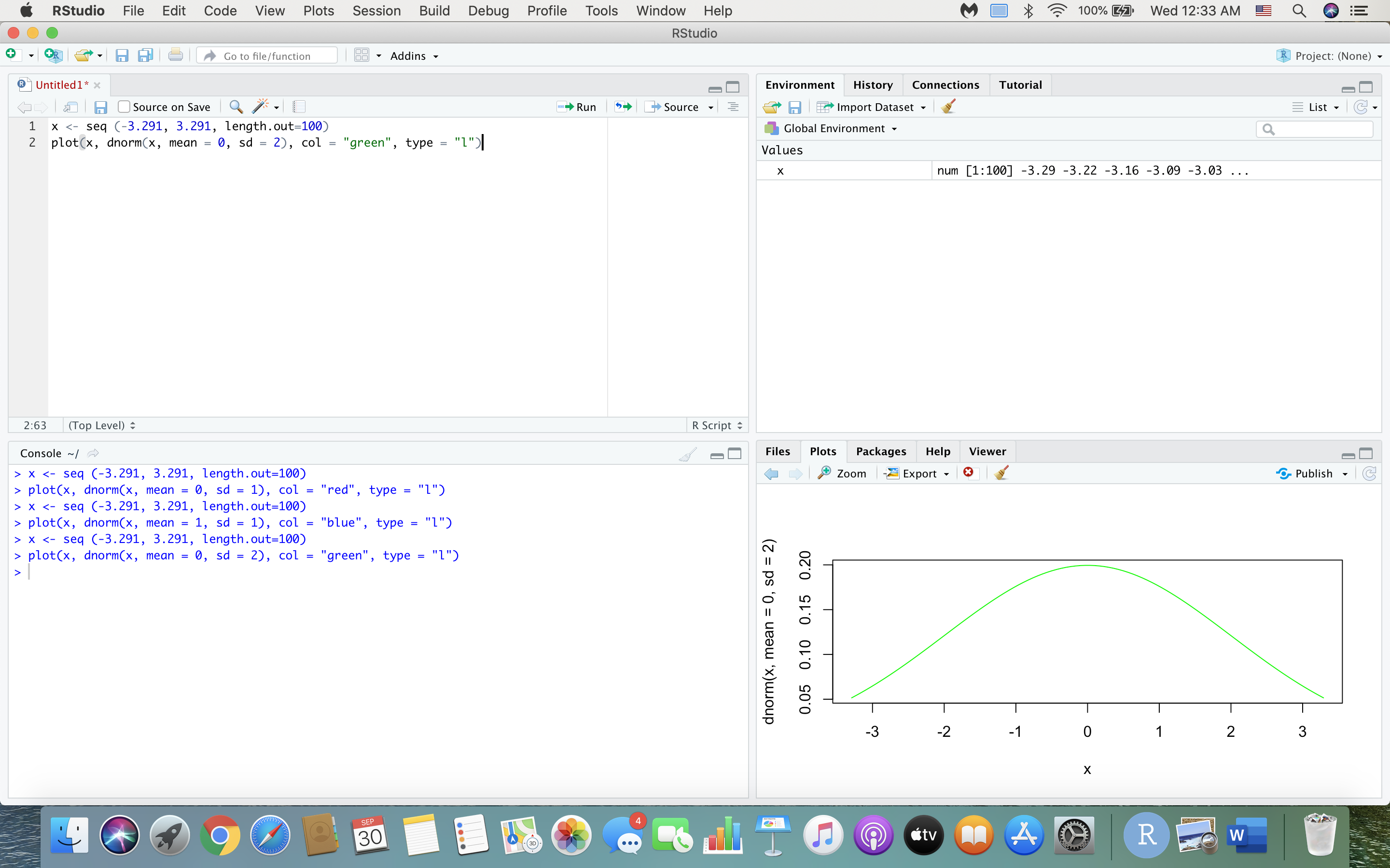 what happens if we change the parameters. x plot(x, dnorm(x, mean =