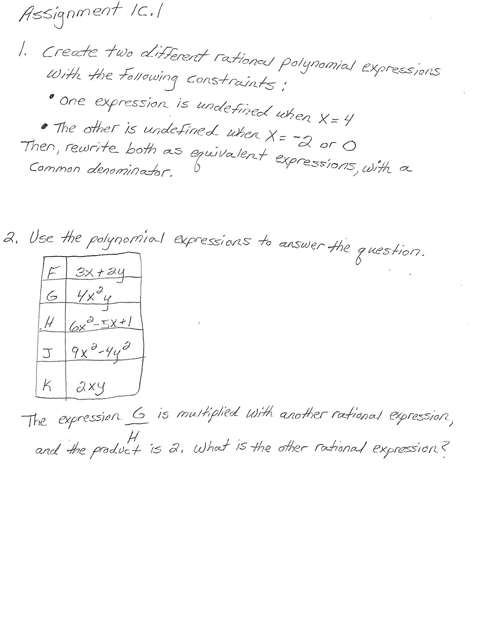  Assignment IC. 1 1. Create two different rational polynomial expressions with