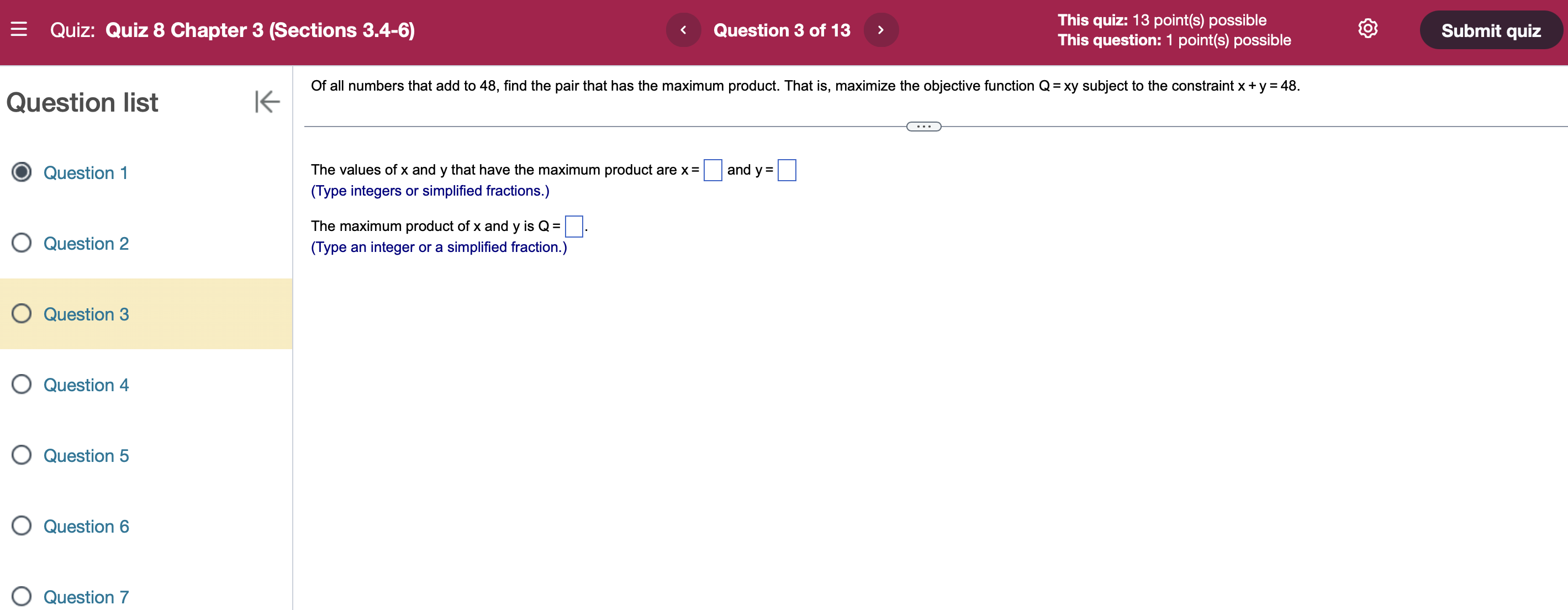 13 This quiz: 13 point(s) possible This question: 1 point(s) possible Submit