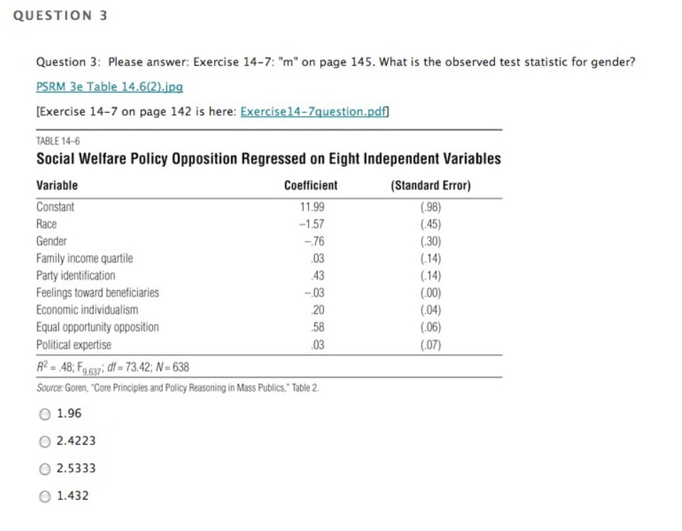 QUESTION 3 Question 3: Please answer: Exercise 14-7: "m" on page