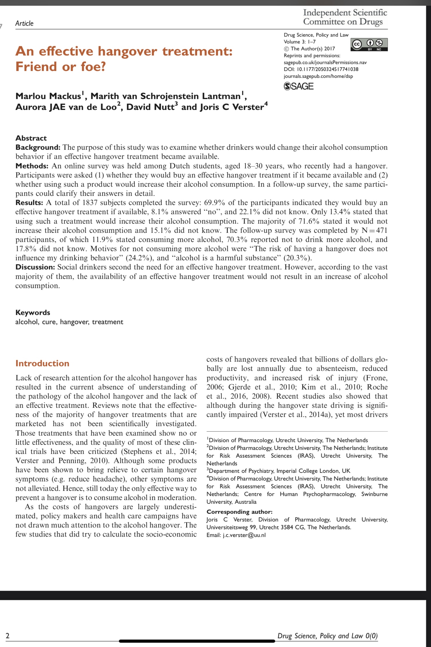 alcohol when an effective hangover treatment was available. those who do not