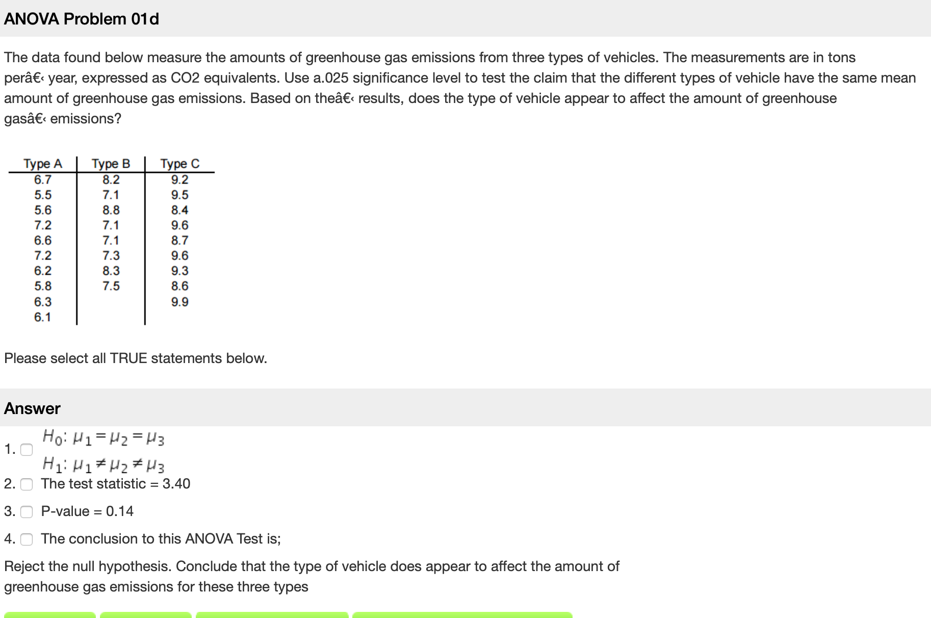 I need help. Thanks ANOVA Problem 01 d The data found below