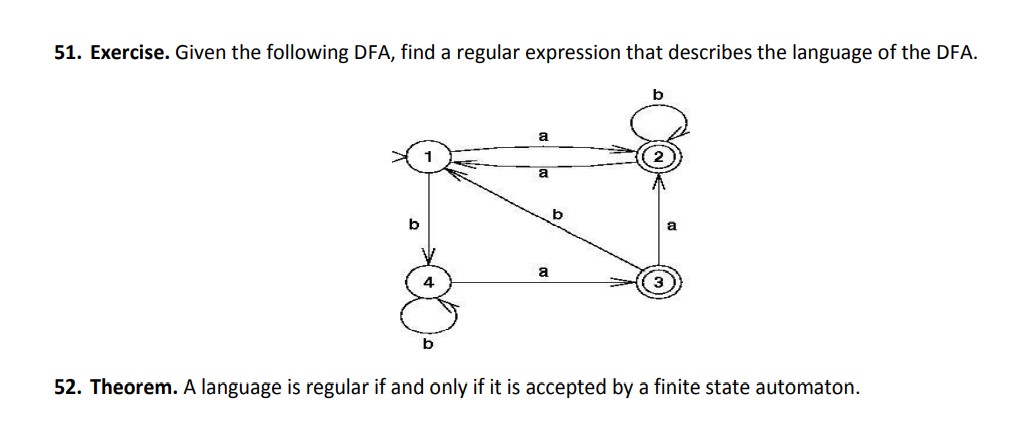 51. Exercise. Given the following DFA, find a regular expression that