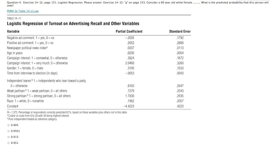  Question 4: Exercise 14-12, page 151. Logistic Regression. Please answer: Exercise
