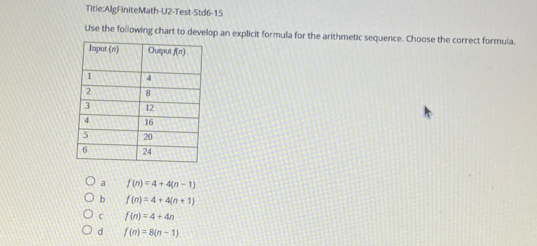 Title:AlgFiniteMath-U2-Test-Std6-15 Use the following chart to develop an explicit formula for