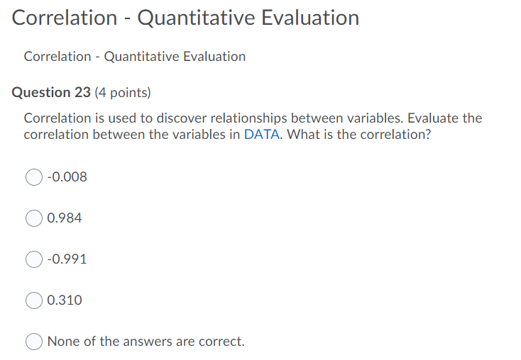 23 (4 points} Correlation is used to discover relationships between variables. Evaluate