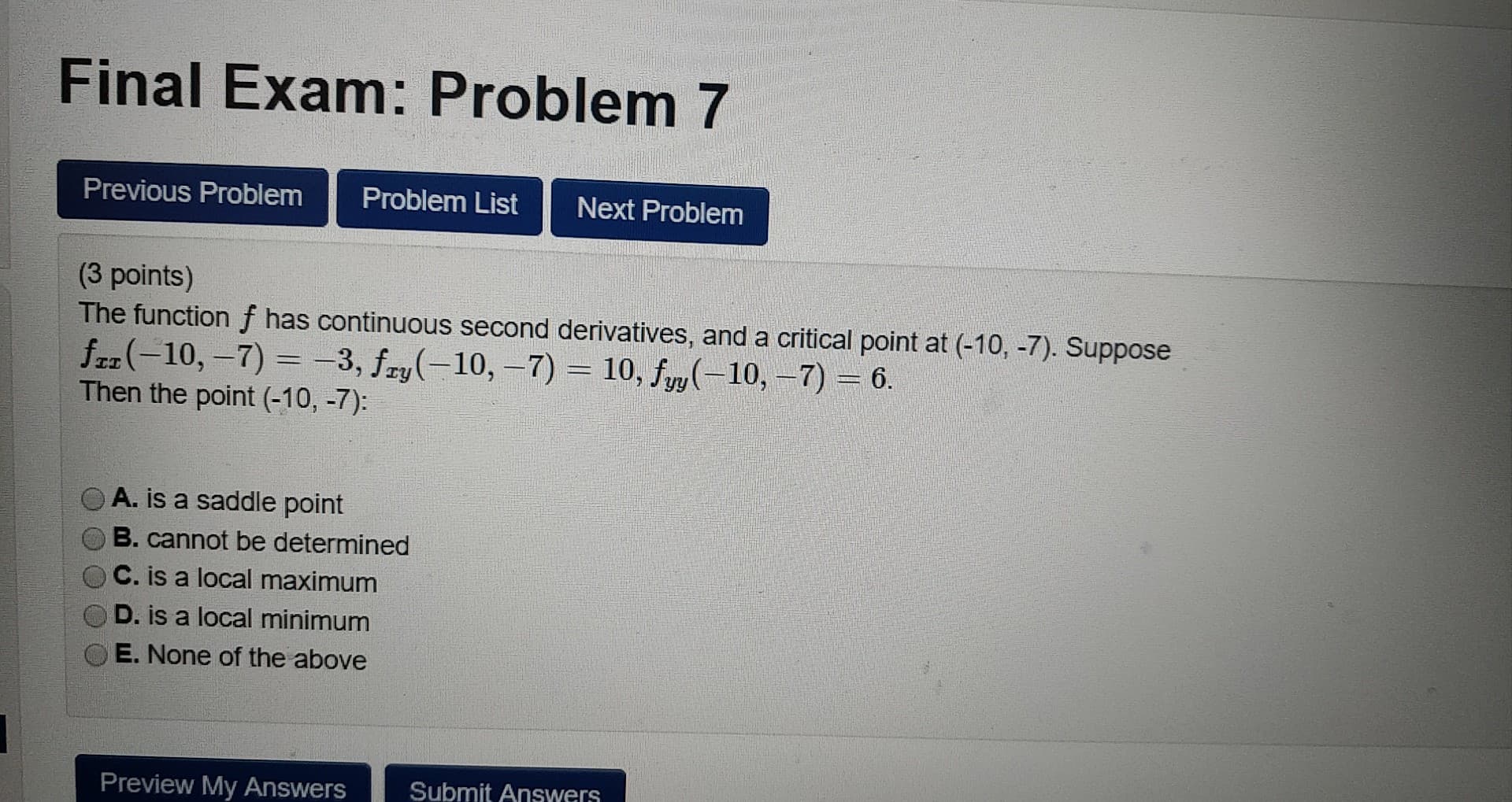 question is in the picture Final Exam: Problem 7 Previous Problem Problem
