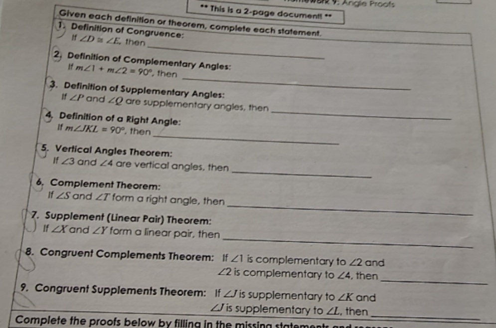 Can anybody help me with 1 through 9? ": Angle Proofs .