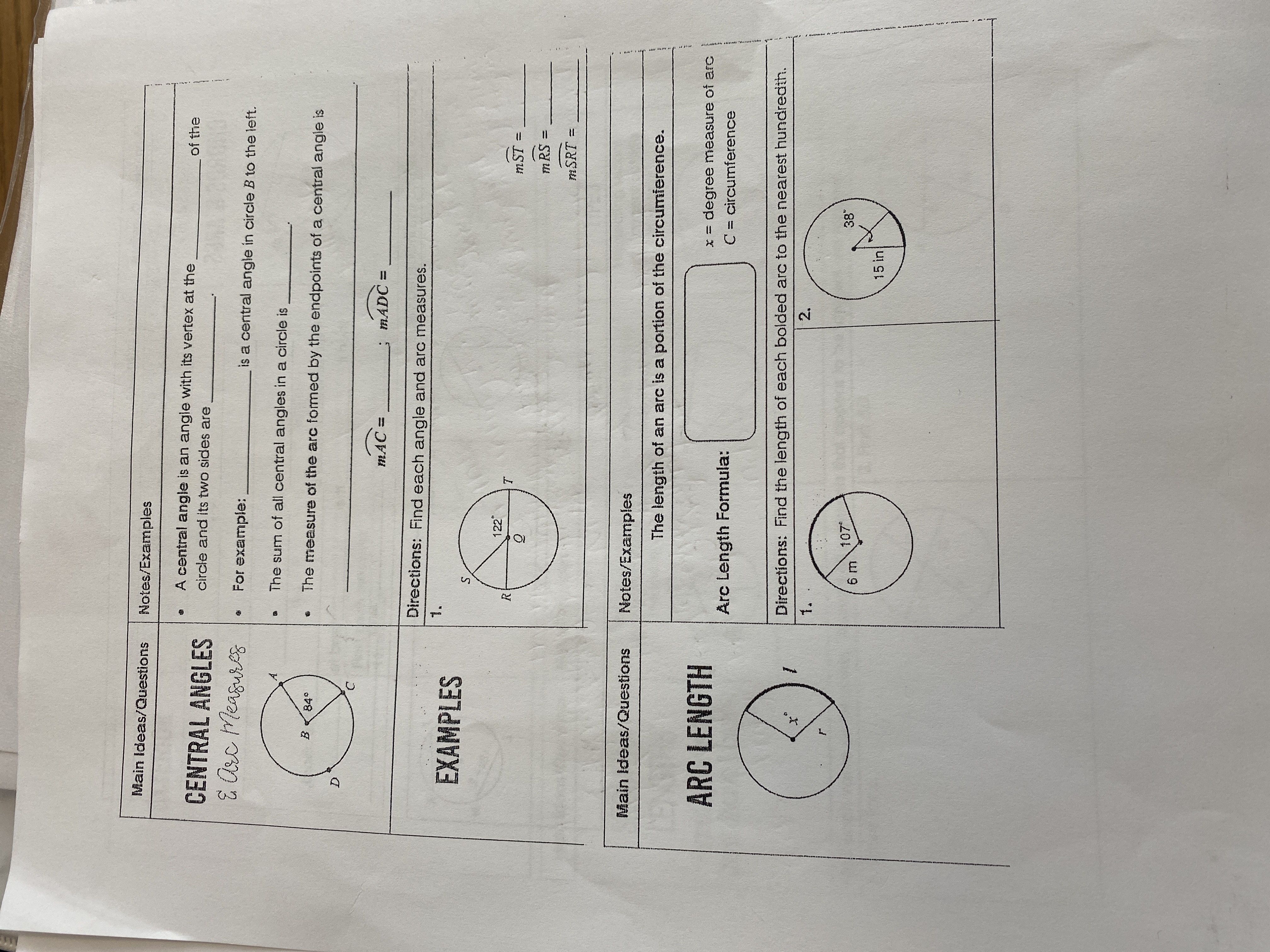  Main Ideas/Questions Notes/Examples A central angle is an angle with its