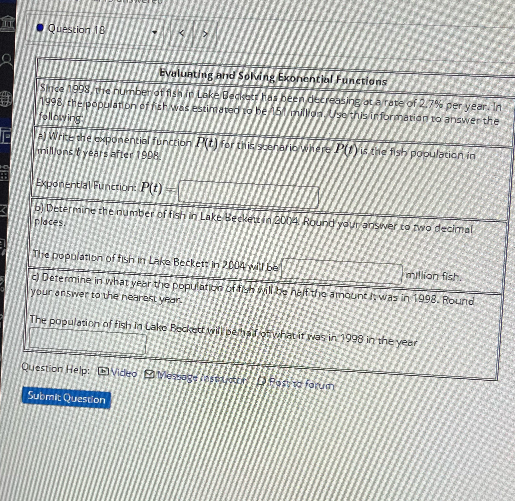 Question 18 Q Evaluating and Solving Exonential Functions Since 1998, the