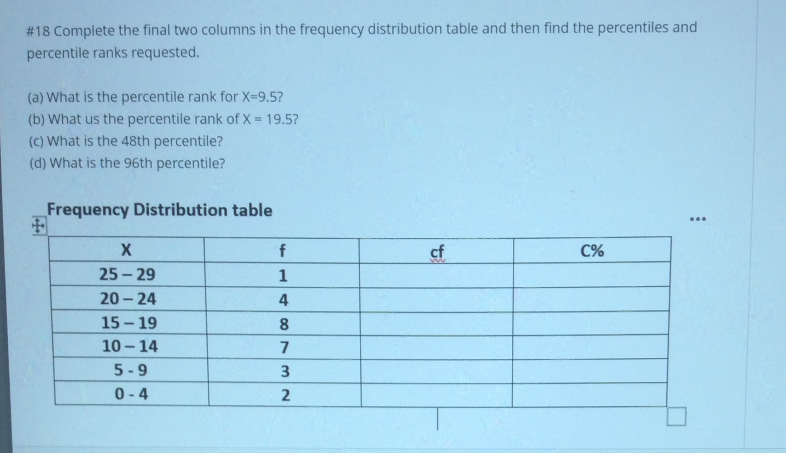  #18 Complete the final two columns in the frequency distribution table