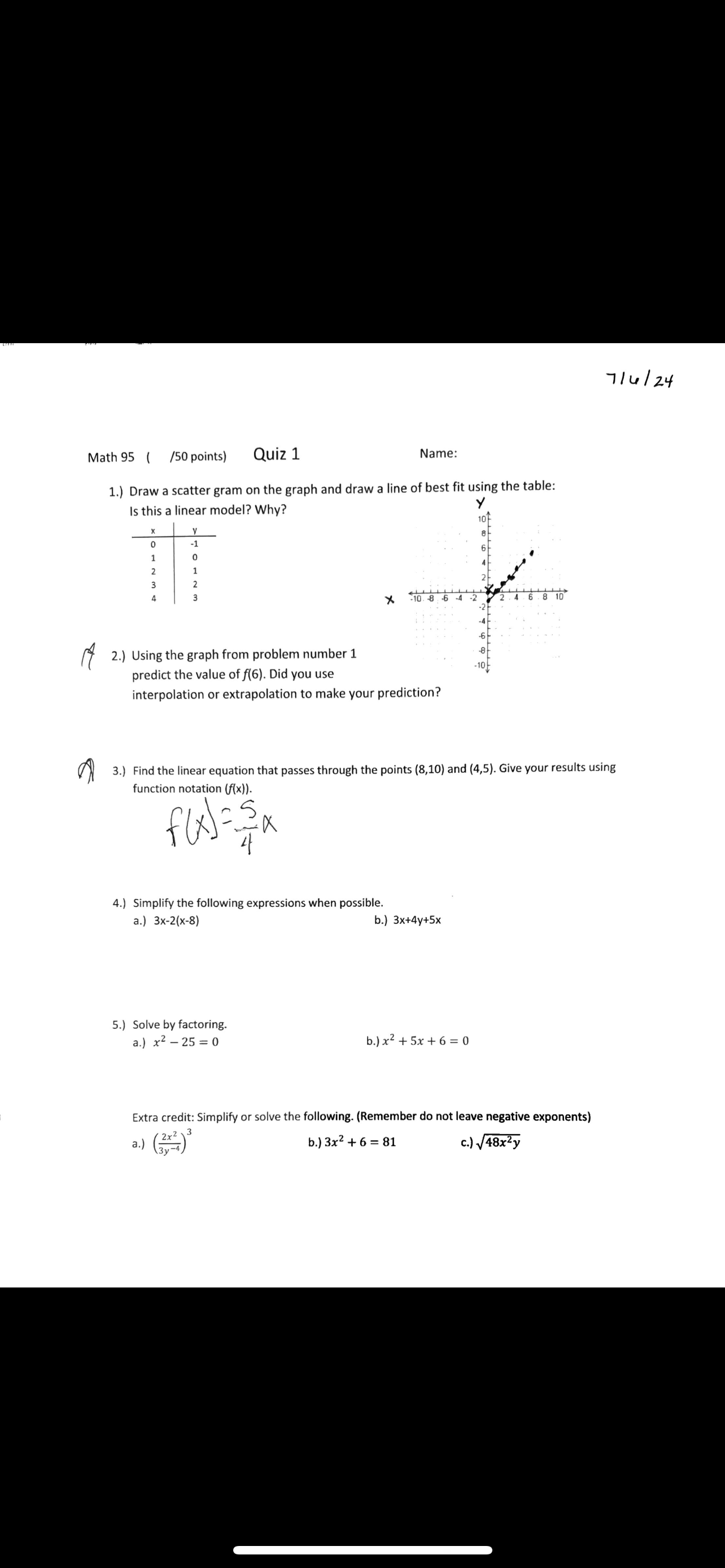 71 4 / 24 Math 95 ( /50 points) Quiz 1