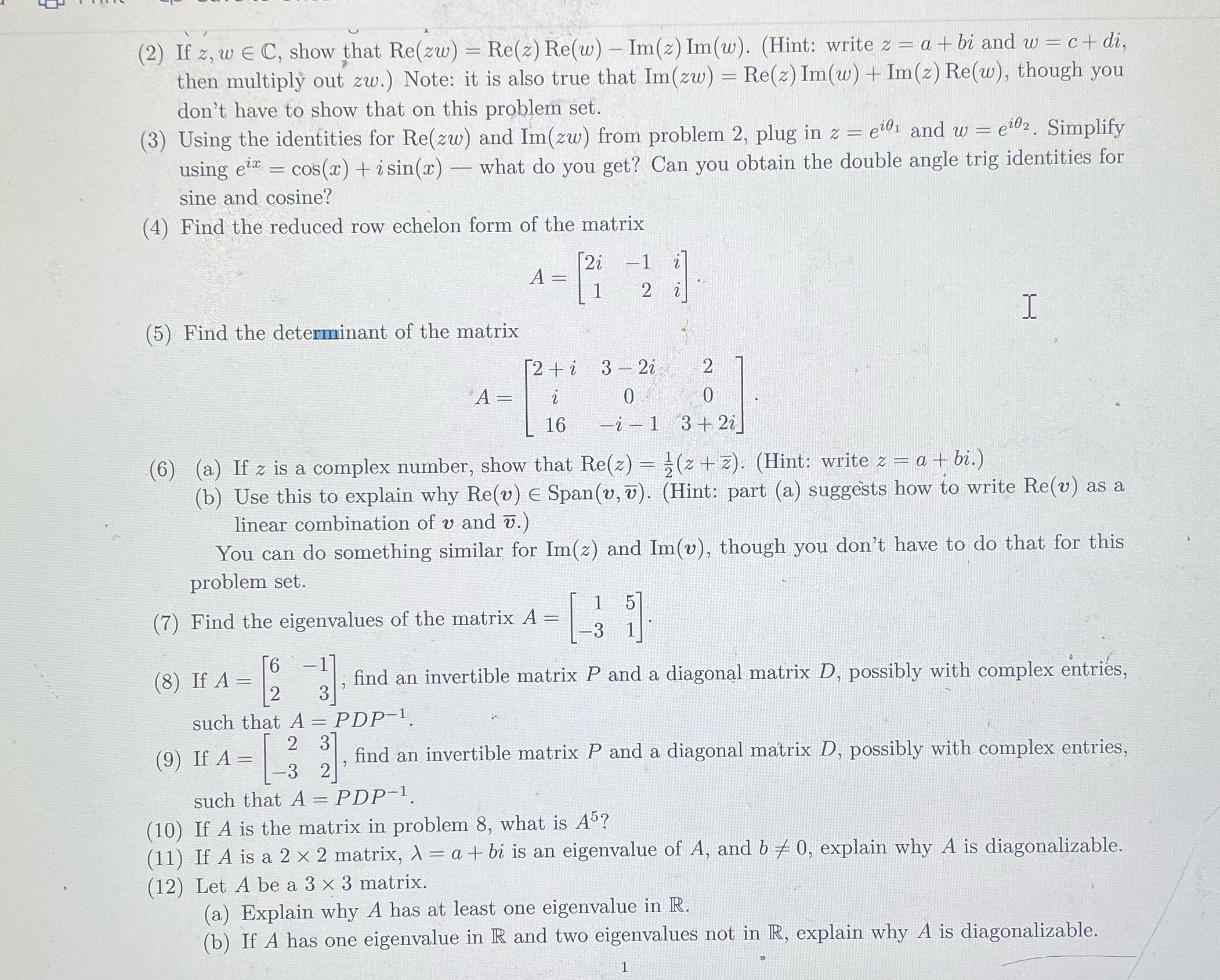 Need help from 2-12 (2) If z, w E C, show that