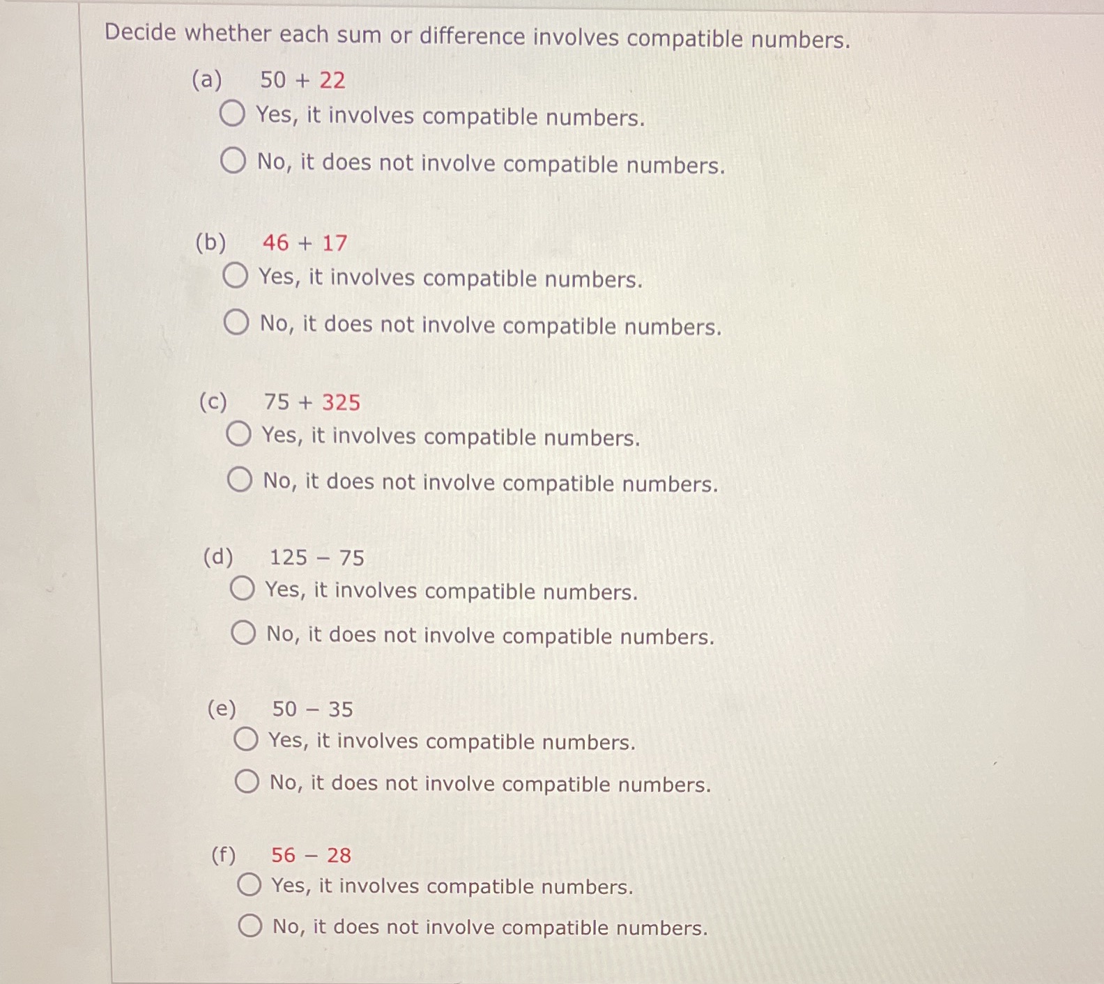 Decide whether each sum or difference involves compatible numbers. (a) 50