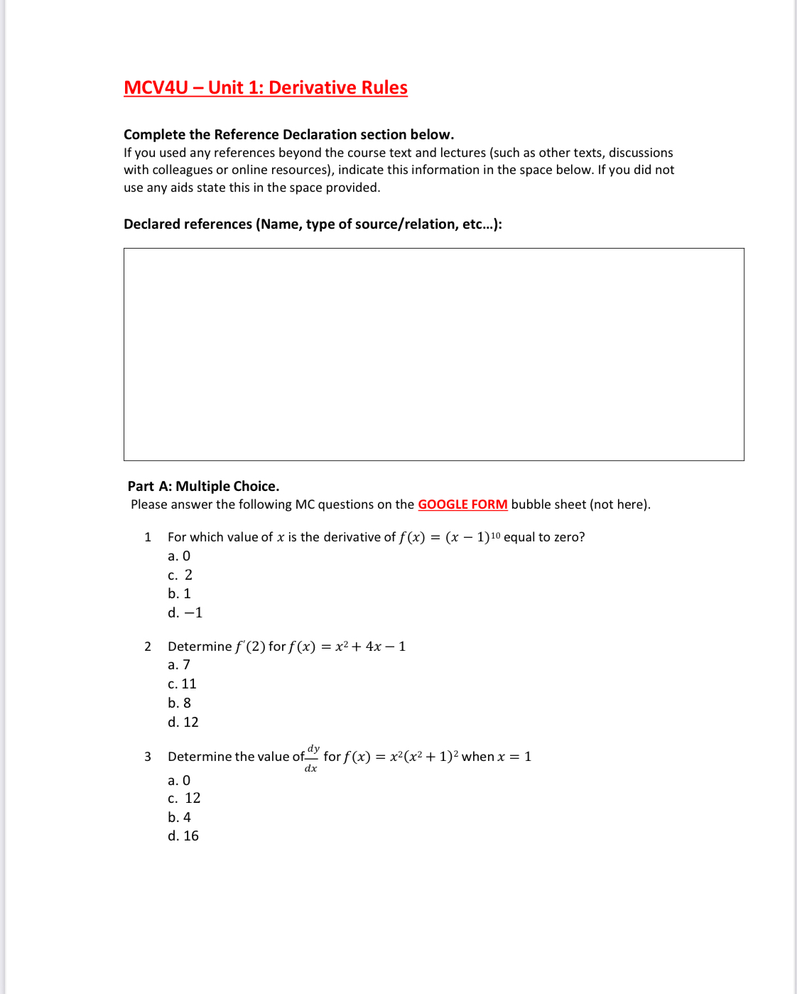  MCV4U - Unit 1: Derivative Rules Complete the Reference Declaration section